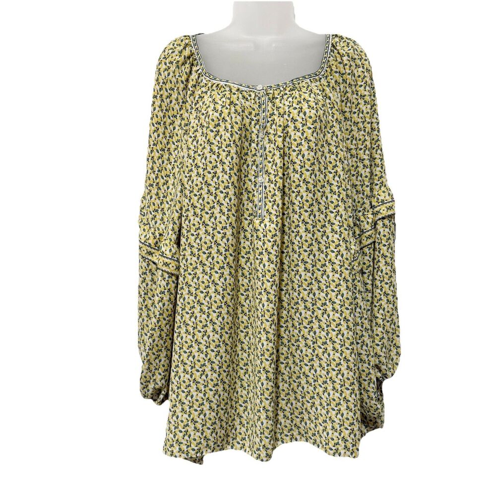 Max Studio Size 3X Women's Top Blouse Orange Lemon Print Scoop Neck Long Sleeve